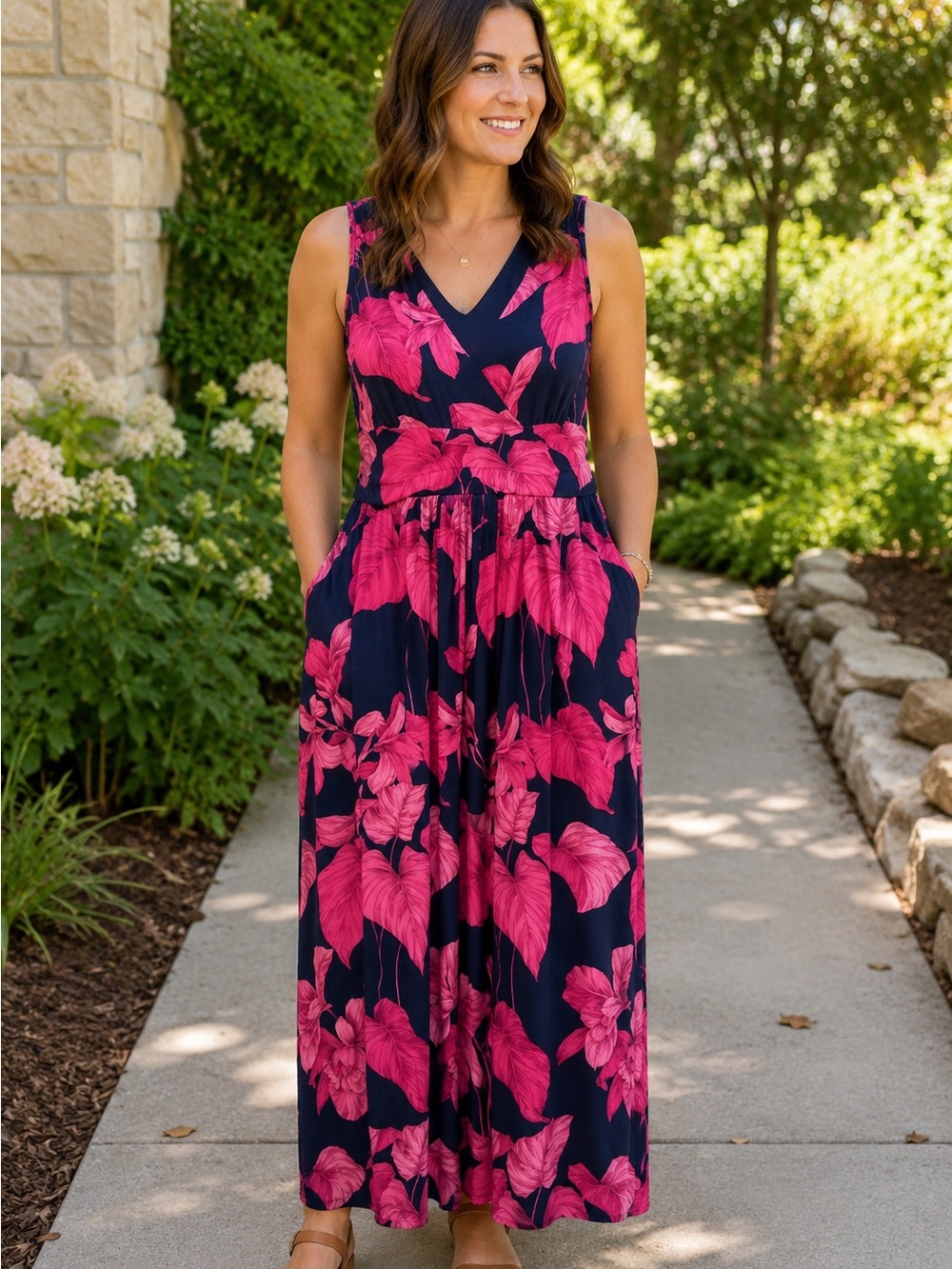 Tommy Hilfiger Navy Pink Tropical Floral Sleeveless Maxi Dress Size 14